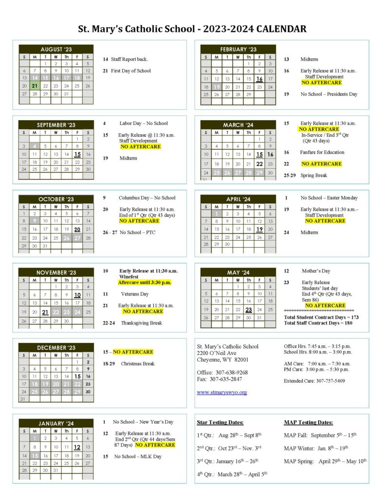 Yearly Calendar St. Mary's Catholic School