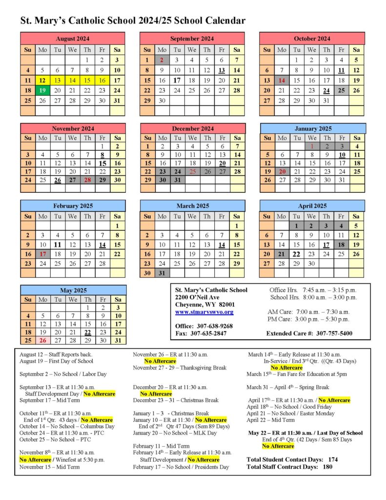 Yearly Calendar St. Mary's Catholic School