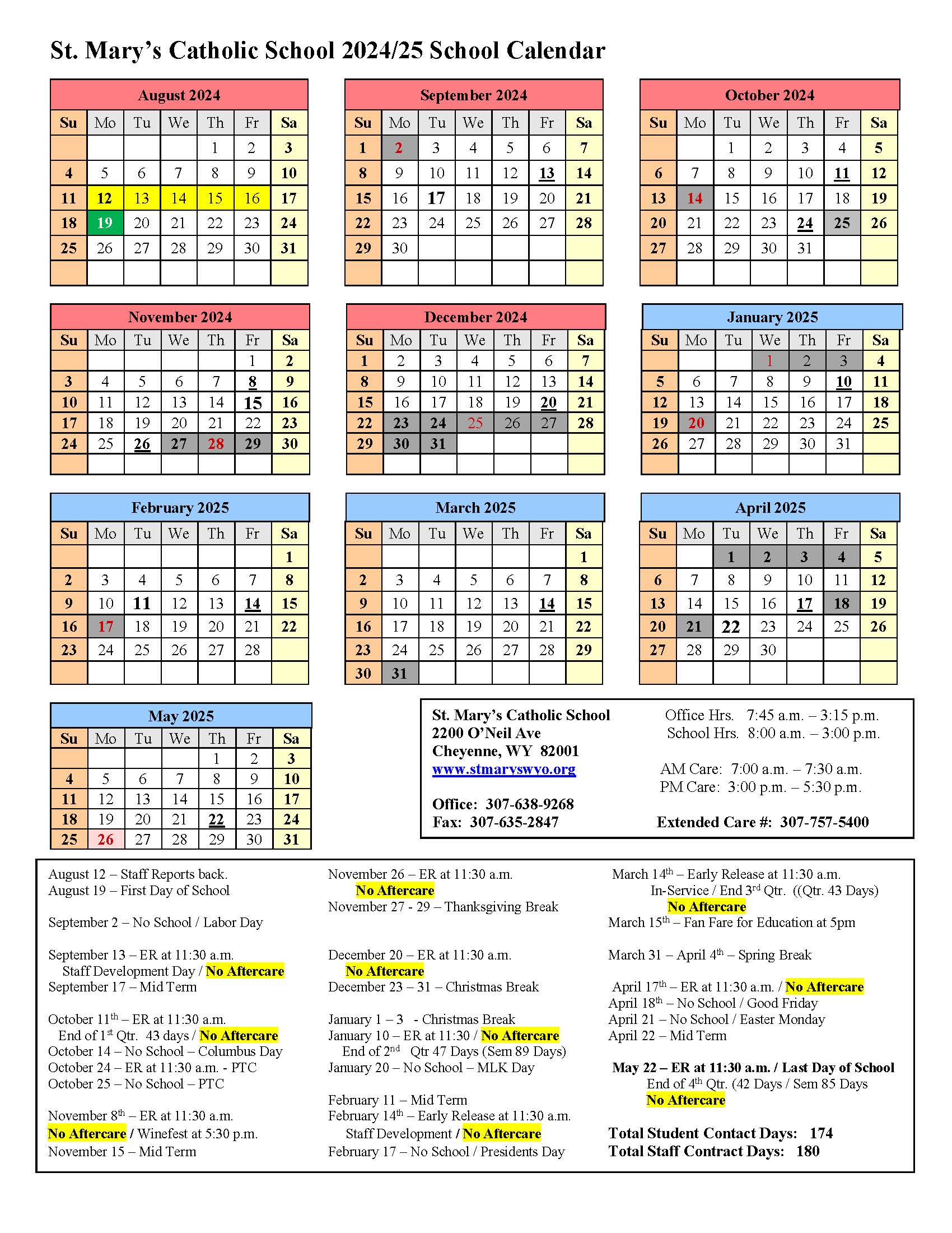 Yearly Calendar – St. Mary's Catholic School